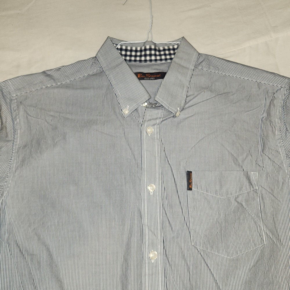 Ben Sherman Mens Blue White Pinstripe Short Sleeve Button Down Shirt Size L
